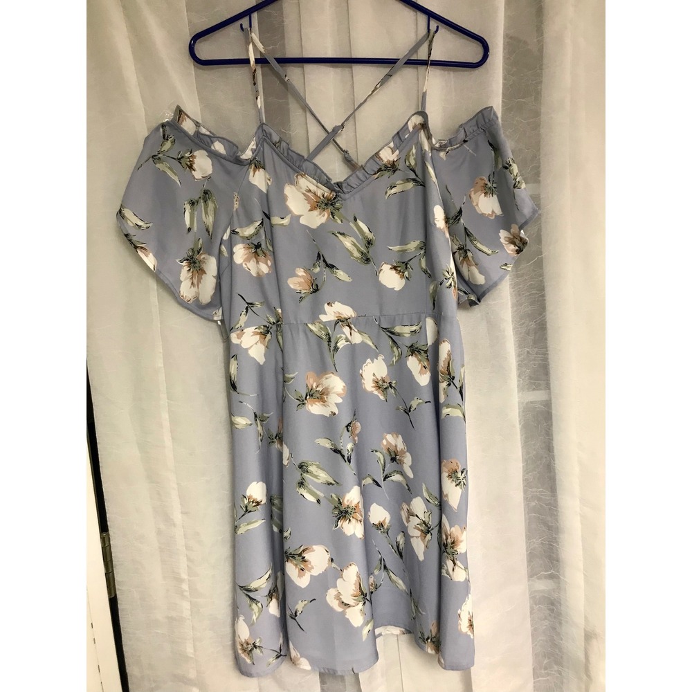 Ellison Light Blue Floral Cold Shoulder Ruffle Mini Dress L NEW‎